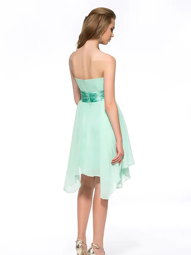 A-Line Minimalist Elegant Engagement Cocktail Party Dress Strapless Sleeveless Asymmetrical Knee Length Chiffon with Sash Ribbon Bow