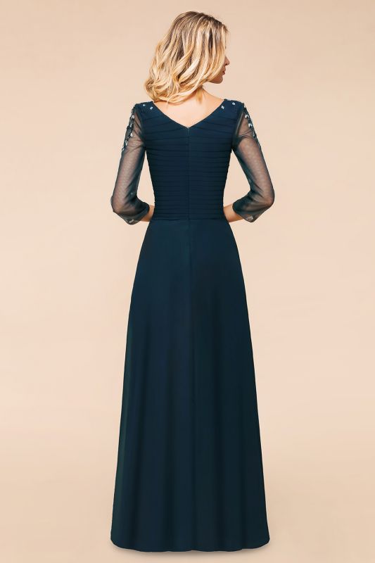 Sheath Column 3/4 Sleeves Chiffon Wedding Guest Evening Dress Floor -Length Dark Navy Bridesmaid Dresses/Mother of the bride Dress with Beading