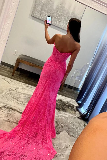 Mermaid Strapless Scoop Neck  Lace Sequins Long Prom Dress with Slit