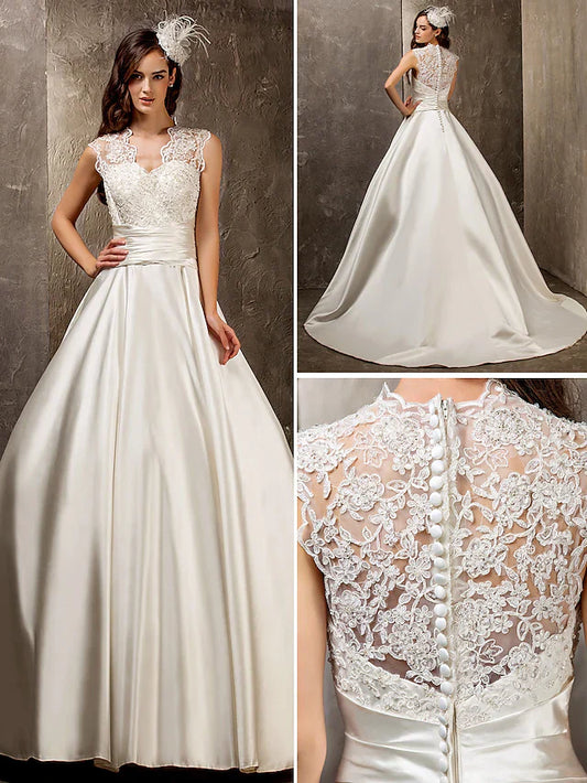 A-Line Wedding Dresses Queen Anne Lace Satin Sleeveless See-Through with Sash Ribbon Beading Appliques