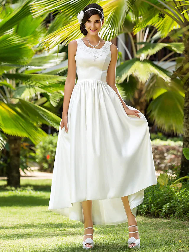 Princess A-Line Wedding Dresses Scoop Neck Asymmetrical Satin Sleeveless with Beading Appliques Pocket