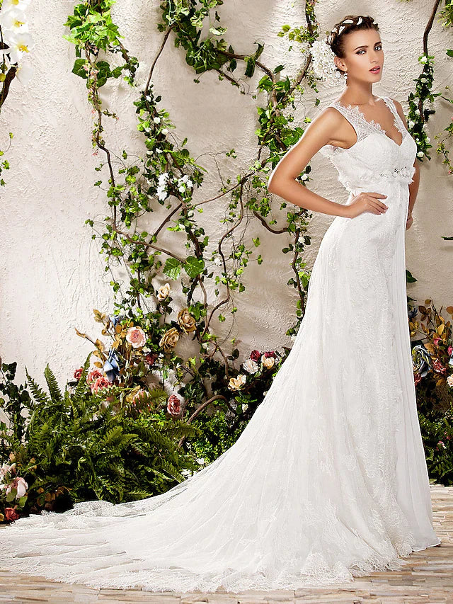 Wedding Dresses Floor Length V Neck Chapel Train Lace Sleeveless