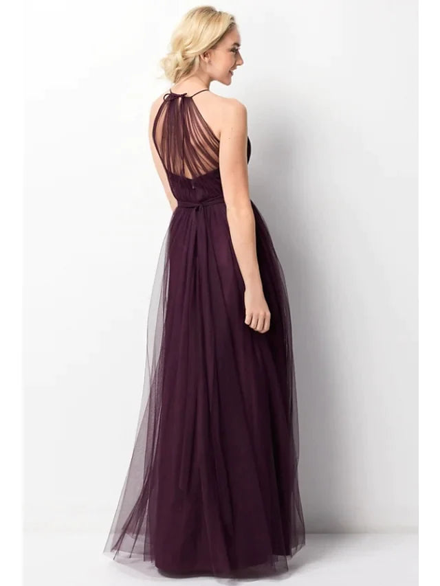 A-Line Halter Neck Floor Length Chiffon Tulle Bridesmaid Dress