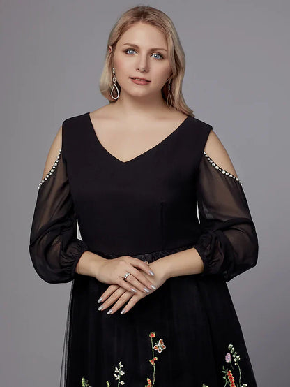 A-Line Plus Size Holiday Cocktail Party Valentine's Day Dress V Neck 3 Length Sleeve Tea Length Tulle with Beading Appliques