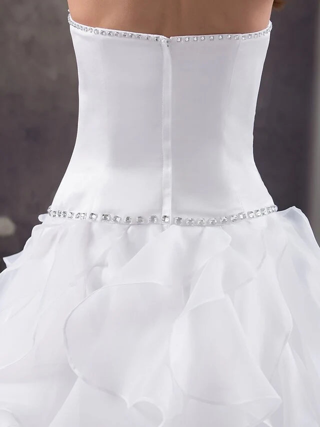 A-Line Wedding Dresses Strapless Court Train Organza Satin Strapless with Beading Cascading Ruffles