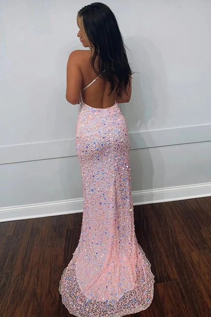 Mermaid Sleek Glittering Sparkle V Neck Spaghetti Straps Sequins Prom Dresses