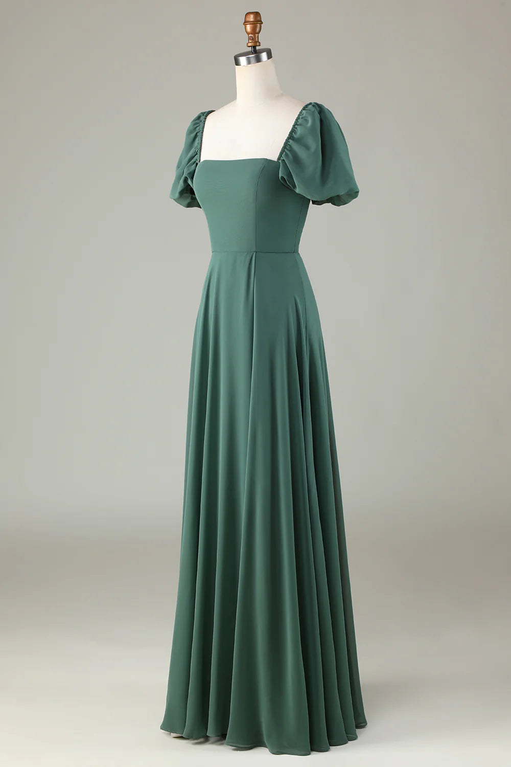 A Line Chiffon Puff Sleeves Eucalyptus Long Bridesmaid Dress