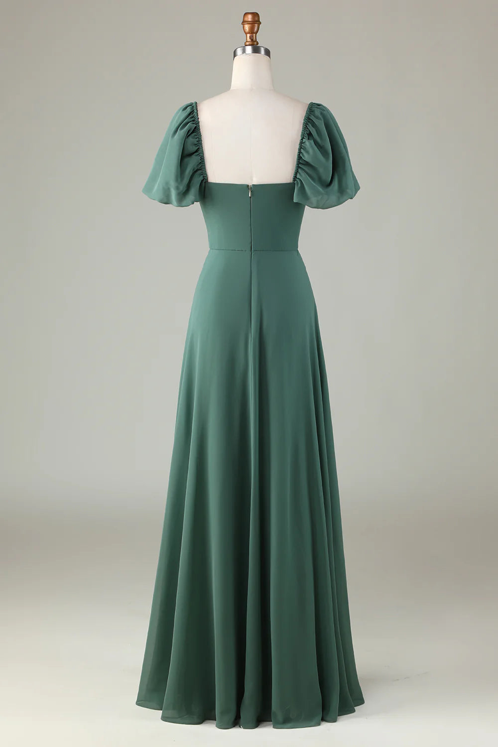 A Line Chiffon Puff Sleeves Eucalyptus Long Bridesmaid Dress