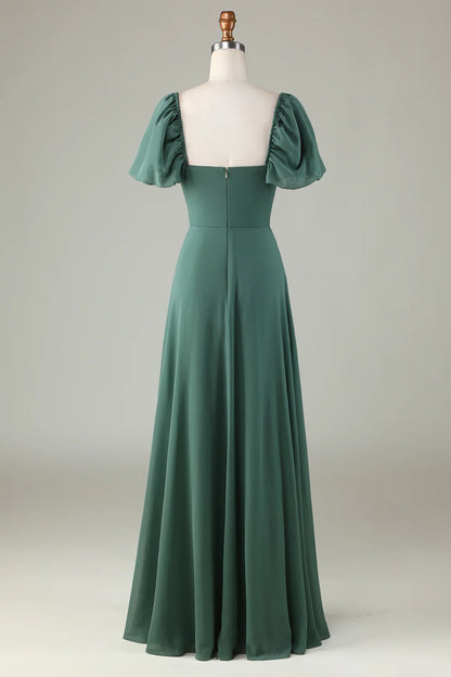 A Line Chiffon Puff Sleeves Eucalyptus Long Bridesmaid Dress