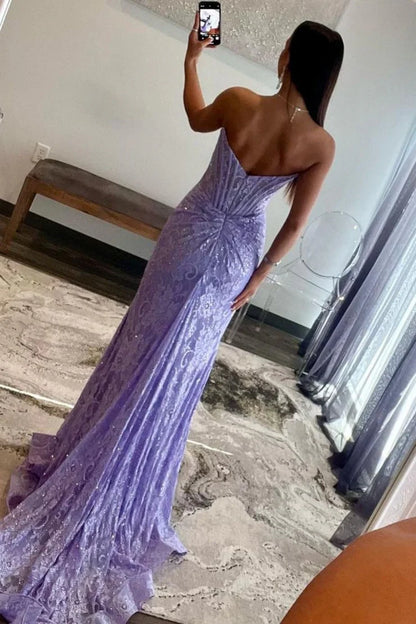 Mermaid Strapless Sweep Train Lace Prom Dress With Slit