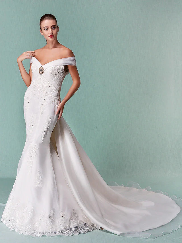 Wedding Dresses Off Shoulder Chapel Train Organza Short Sleeve with Beading Appliques Crystal Floral Pin