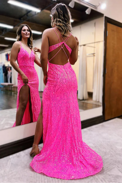 Mermaid Spaghetti Straps V Neck Sequins Lace Long Prom Dress with Slit