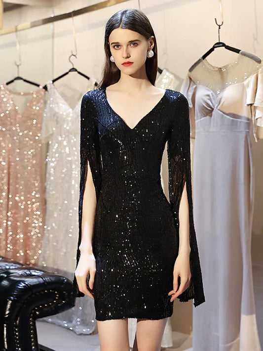 Sparkle Elegant Homecoming Cocktail Party Dress V Neck Long Sleeve Short Mini Sequined with Sequin Split