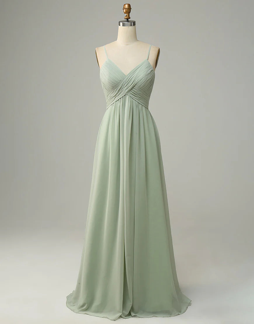 A Line Long Spaghetti Straps Sleeveless Dusty Sage Bridesmaid Dress