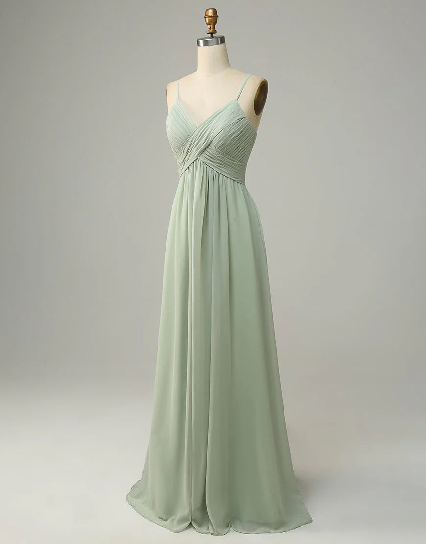 A Line Long Spaghetti Straps Sleeveless Dusty Sage Bridesmaid Dress