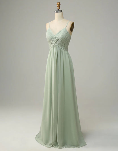 A Line Long Spaghetti Straps Sleeveless Dusty Sage Bridesmaid Dress