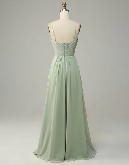 A Line Long Spaghetti Straps Sleeveless Dusty Sage Bridesmaid Dress