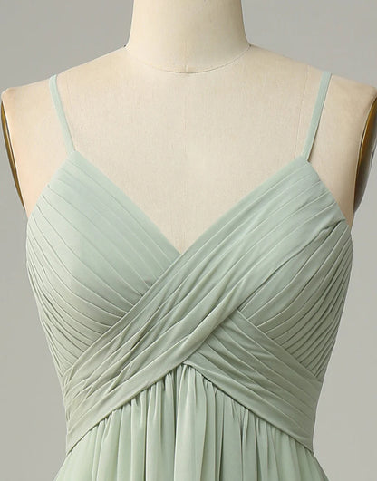 A Line Long Spaghetti Straps Sleeveless Dusty Sage Bridesmaid Dress