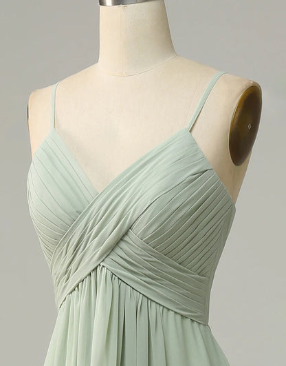 A Line Long Spaghetti Straps Sleeveless Dusty Sage Bridesmaid Dress