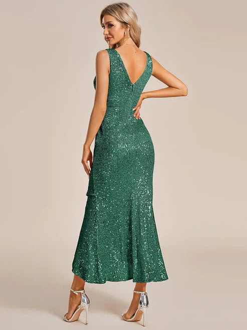 Sparkling V-Neck Sleeveless Asymmetrical Hem Sequin Evening Dress/Prom Dresses
