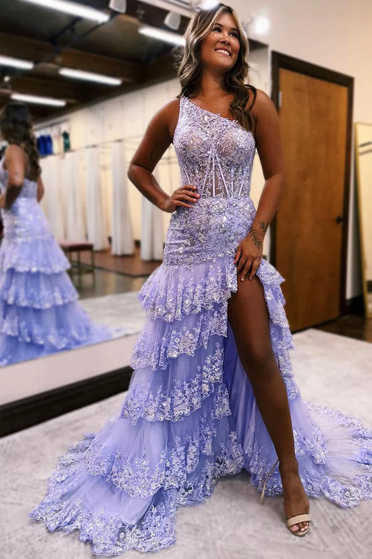 Mermaid Lace Appliques One Shoulder Sequins Lace Long Prom Dress with Slit Sparkly