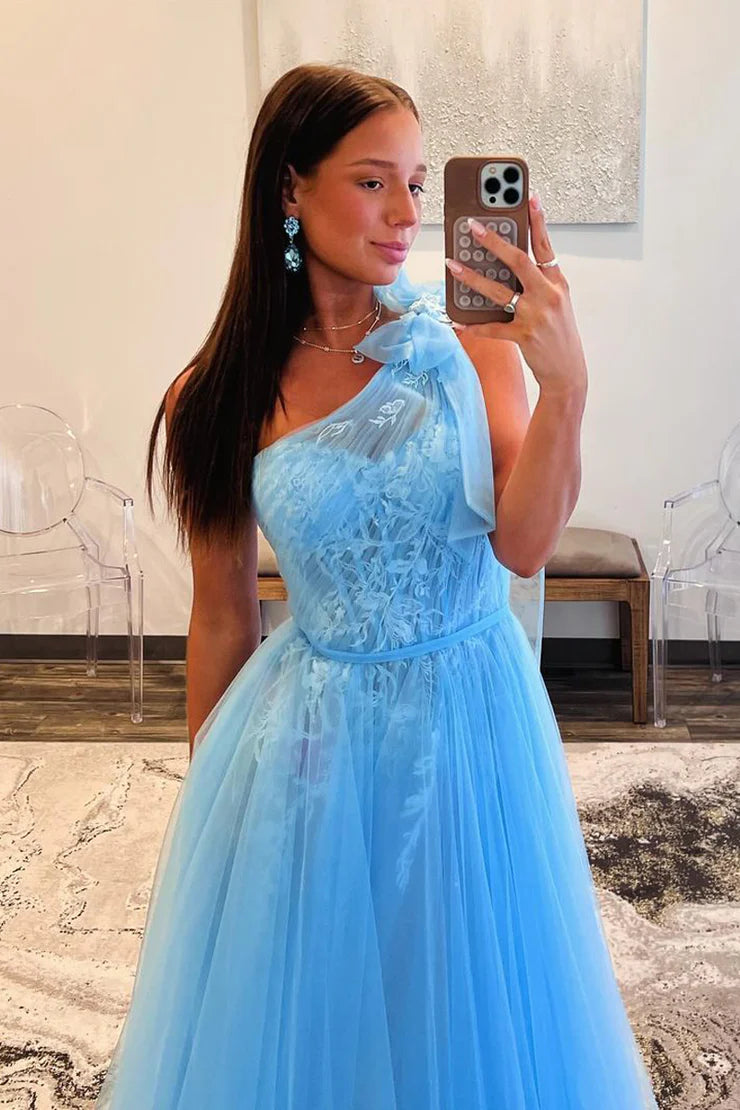 One Shoulder Light Blue Tulle Long Prom Dress with Appliques