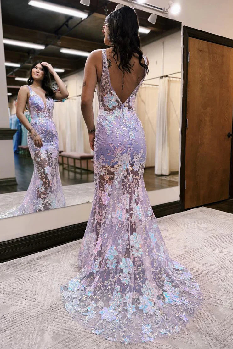 Mermaid V Neck Lavender Sequins Lace Long Prom Dresses with Slit