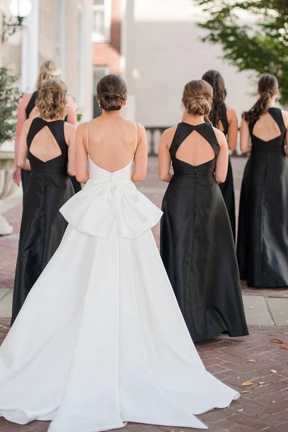 A-Line Floor Length Round Neck Black Satin Long Bridesmaid Dresses