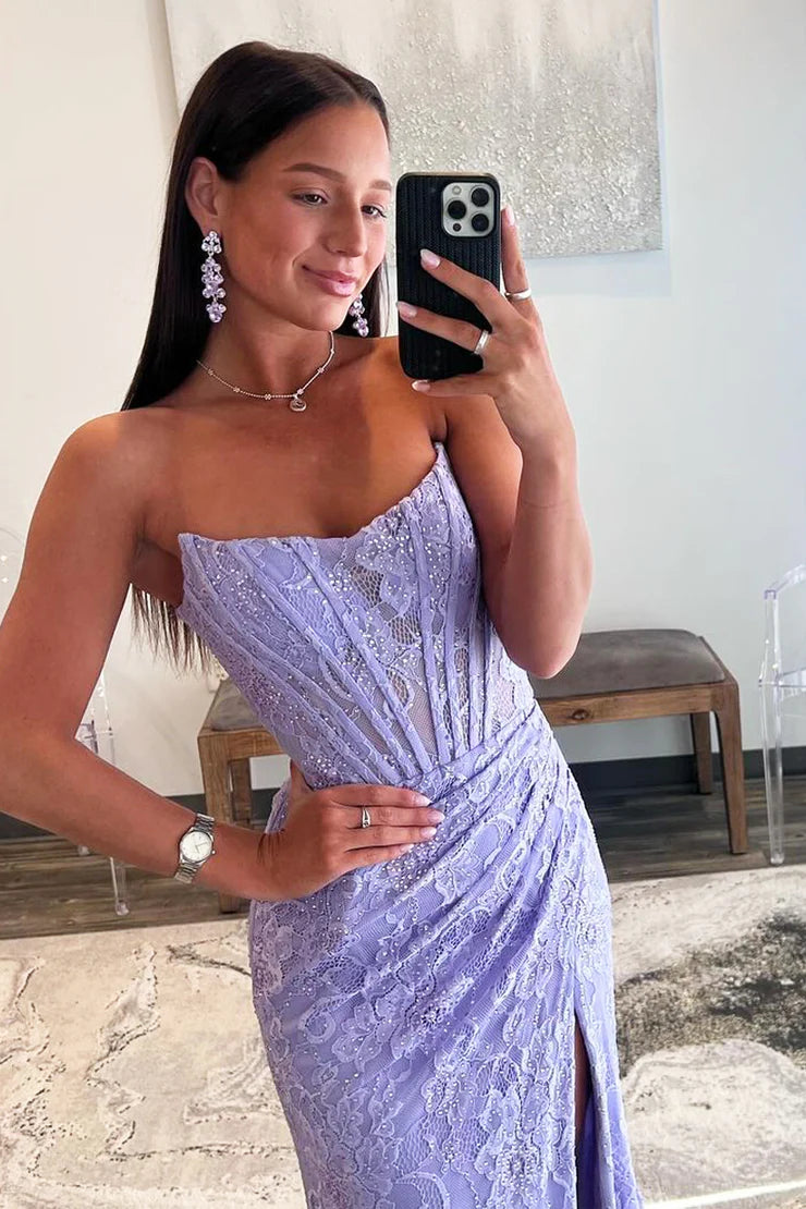 Mermaid Strapless Scoop Neck Lavender Sequins Lace Long Prom Dresses with Slit