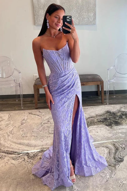 Mermaid Strapless Sweep Train Lace Prom Dress With Slit