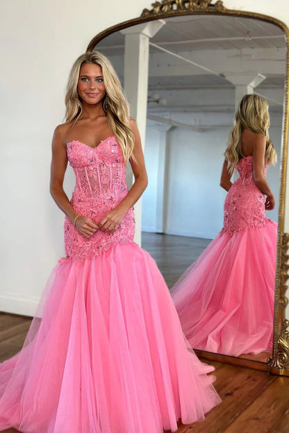 Mermaid Strapless Pink Tulle Prom Dress with Appliques