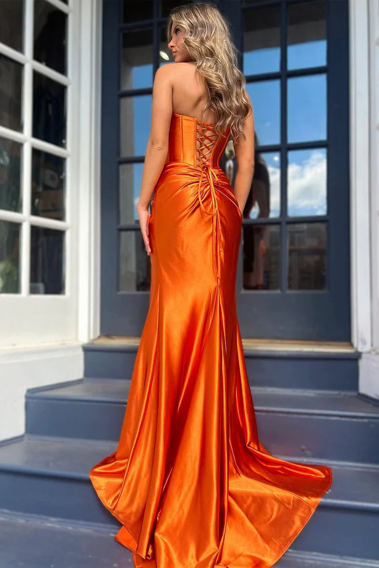 Mermaid Strapless Sweetheart Satin Long Prom Dresses with Slit