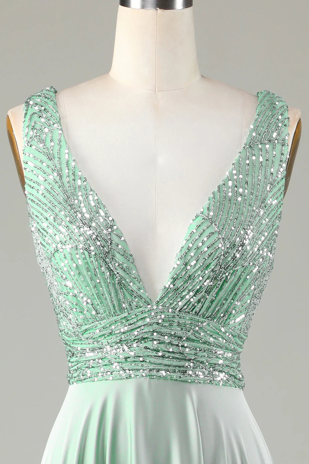 Sleek Glitter Sparking Low V-Neck Matcha Bridesmaid Dress with Sequins