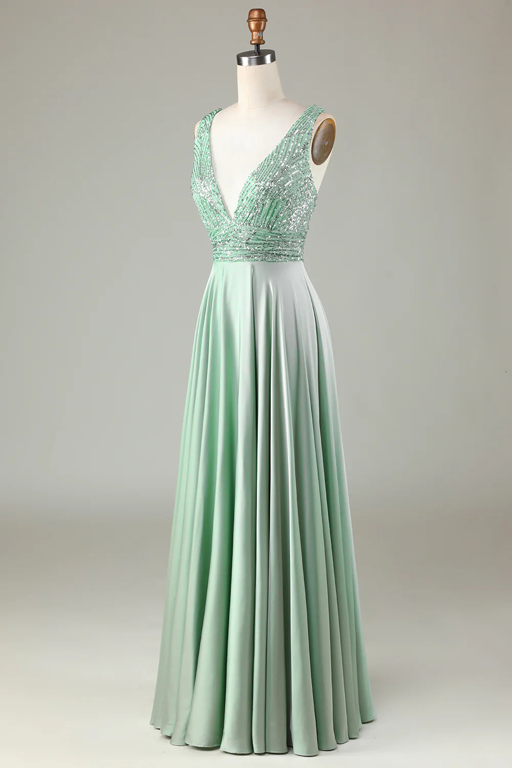 Sleek Glitter Sparking Low V-Neck Matcha Bridesmaid Dress with Sequins