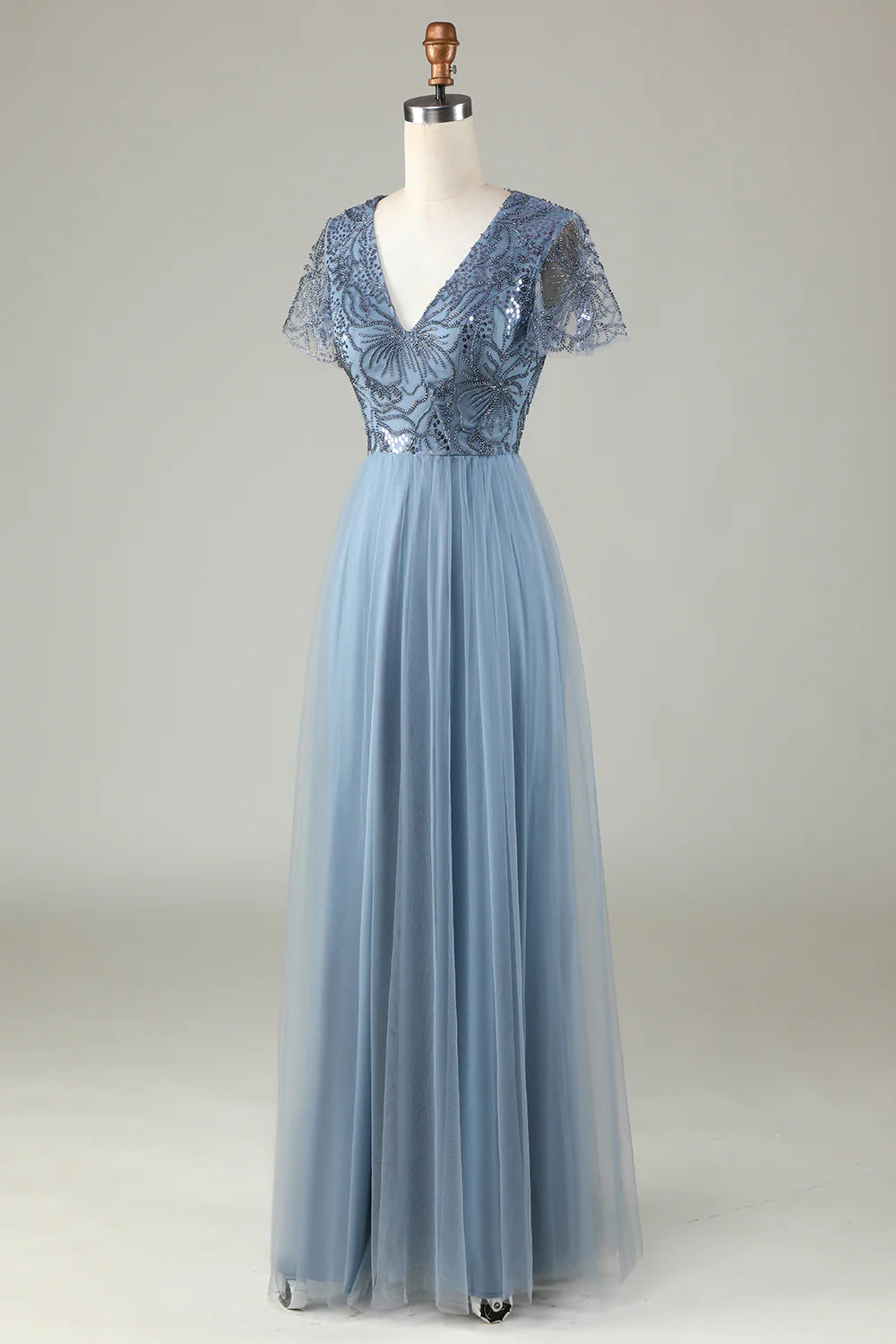 A-Line V Neck Short Sleeve Dusty Blue Bridesmaid Dress with Beading