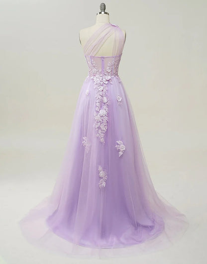 A Line One Shoulder Sweetheart Tulle Prom Dresses with Appliques