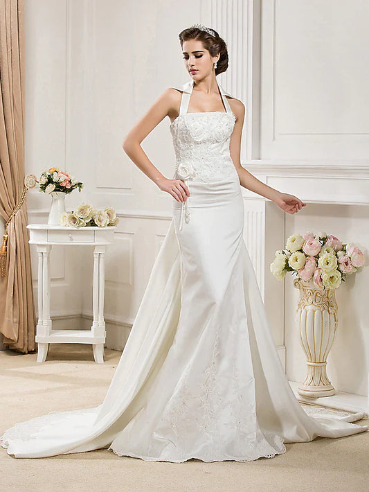 Wedding Dresses Halter Neck Court Train Satin Sleeveless with Appliques