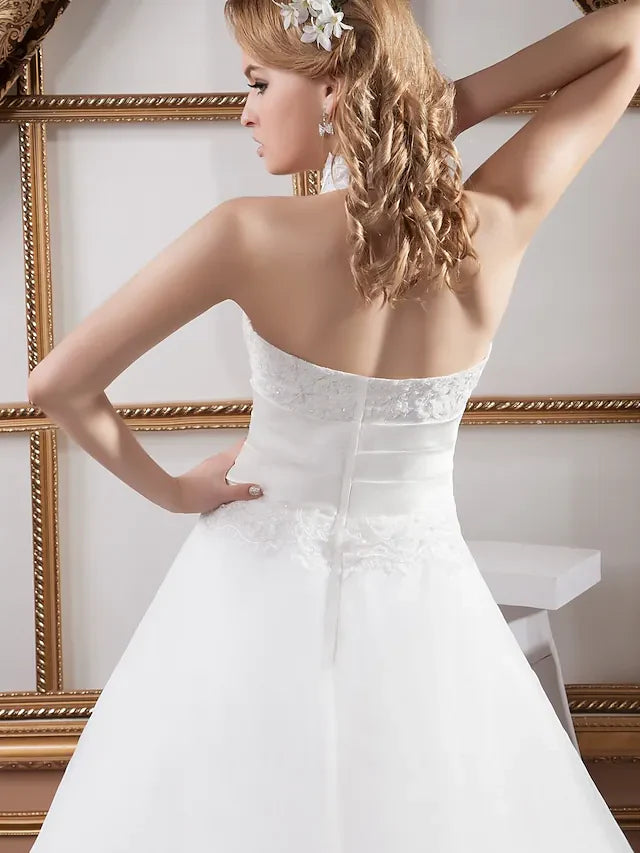 A-Line Wedding Dresses High Neck Court Train Lace Satin Tulle Regular Straps with Ruched Beading Appliques