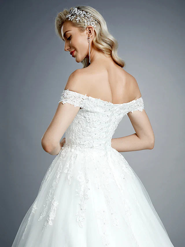 Ball Gown Wedding Dresses Off Shoulder Court Train Lace Tulle Short Sleeve Romantic Sparkle & Shine with Beading Appliques