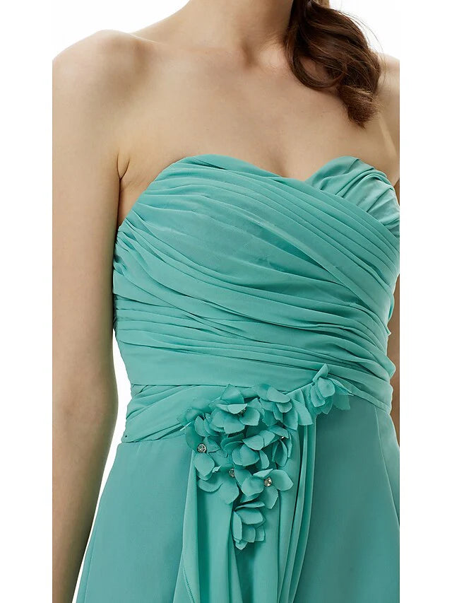 Sweetheart Neckline Strapless Knee Length Chiffon Bridesmaid Dress with Criss Cross Side Draping Flower