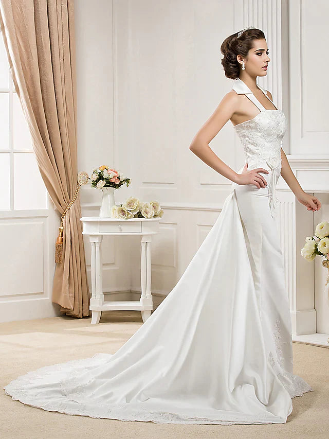 Wedding Dresses Halter Neck Court Train Satin Sleeveless with Appliques