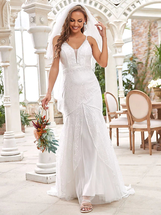 Wedding Dresses V Neck Lace Tulle Sleeveless Spaghetti Straps   Romantic with Lace