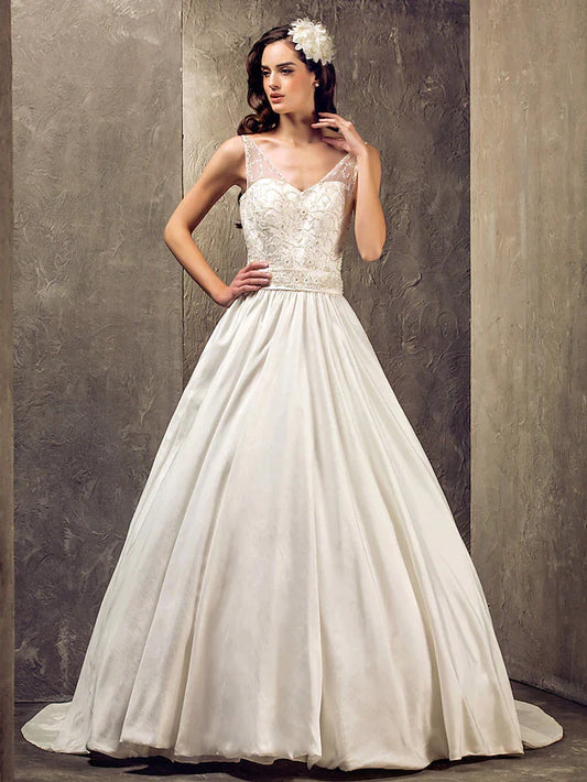 Princess A-Line Wedding Dresses V Neck Lace Taffeta Sleeveless With Embroidery