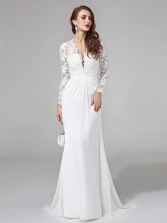 Wedding Dresses V NeckChiffon Floral Lace Long Sleeve Romantic Boho Illusion Sleeve with Back Lace Button