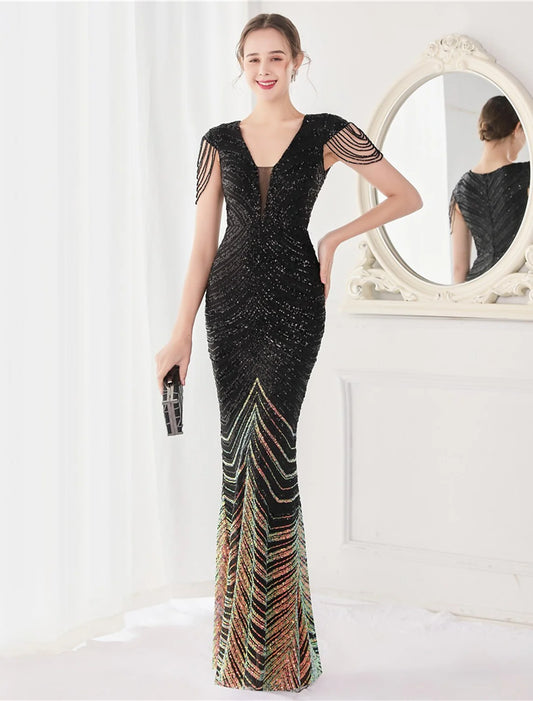 Mermaid / Trumpet Evening Gown Elegant Dress Wedding Guest Floor Length Sleeveless V Neck Sequined V Back with Sequin