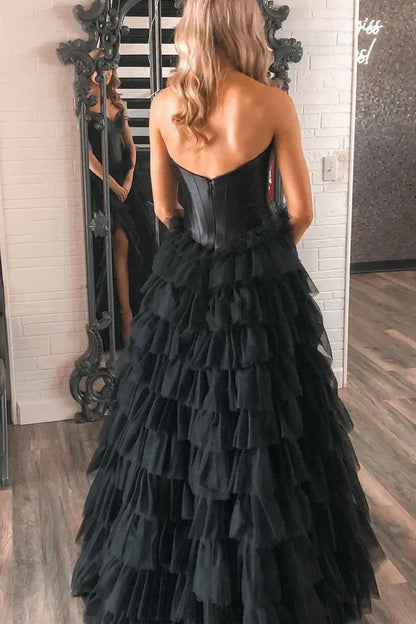 Black Sweetheart Tiered Satin Long Prom Dresses with Slit Off Shoulder Evening Dress