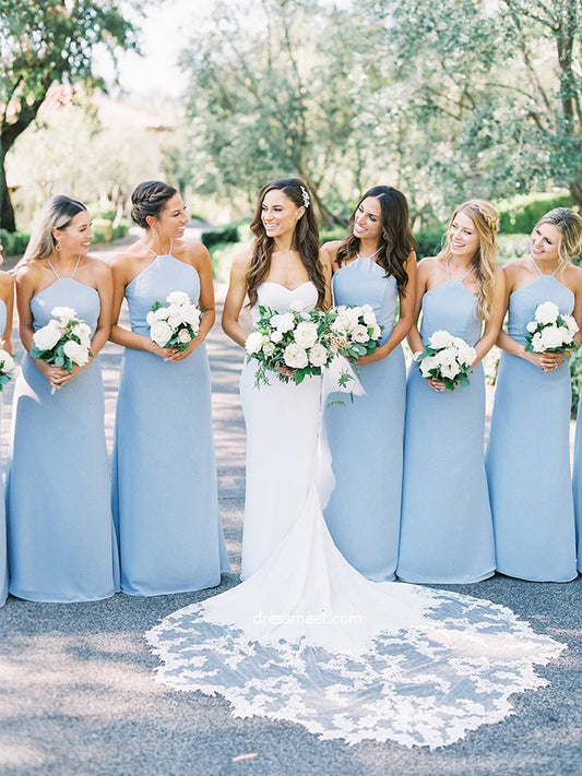 Charming Sheath Straps Light Blue Chiffon Long Bridesmaid Dresses