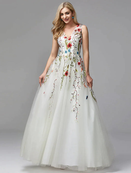 A-Line  Dresses White Dress Homecoming Floor Length Sleeveless V Neck Lace with Embroidery Appliques