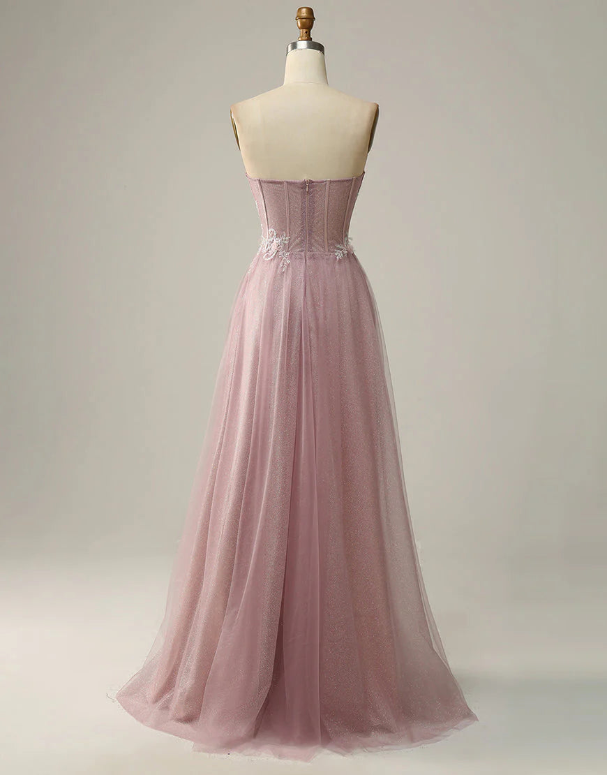 A-Line Sweetheart Strapless Long Prom Dress With Appliques