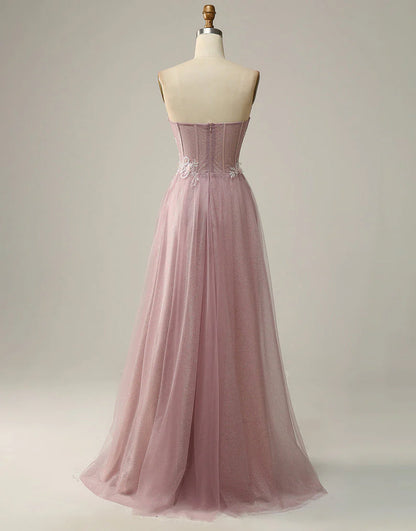 A-Line Sweetheart Strapless Long Prom Dress With Appliques